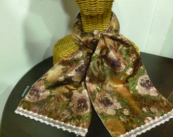 Scarf Brown, pink flower print, lined with silk