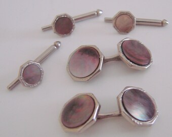 Art Deco Swank Abalone Cuff Links & Shirt Studs * Mens Dress Set * Formal Wear * Tuxedo * Designer Signed * Vintage Jewelry * Wedding
