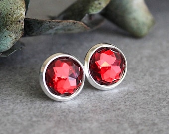 Red Stud Earrings, Dark Red Earrings, Red Post Earrings, Dark Red Bridesmaid Earrings, Red Rhinestone Earrings, Faux Crystal Earrings, 10MM
