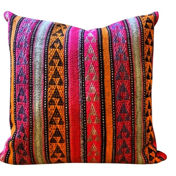 Vintage wool pillow, Pink and orange pillow Decorative Cushion Cover, floor pillow, Handmade kilim pillow cover, bohemian decor, gift idea