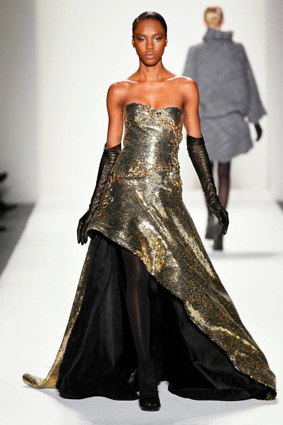 Items similar to Irina Shabayeva COUTURE Gold Lame Sequined Gown with ...