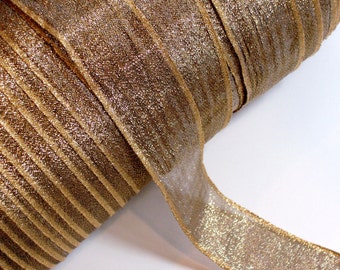 Gold Ribbon, Metallic Gold Sheer Wired Ribbon 1 1/2 inches wide x 5 yards, SECOND QUALITY FLAWED, Gold Wired Ribbon