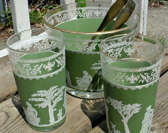 Jeannette Hellenic Glassware, Vintage Hellenic Barware, Green Hellenic Ice Bucket and Tumbler Set, 1960 Barware Set, Green Jeannette Set