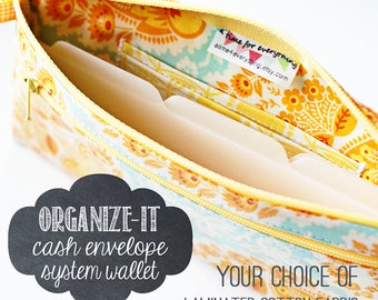 Cash envelope wallet with 6 tabbed cash dividers, coin pouch, card slots, ID holder, and back pocket | cash organizer in laminated cotton