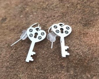 Silver Heart Key Earrings - Lock and Key - Silver Earrings - Dangle Earrings - Drop Earrings - Valentine's Day - Jewelry - Accessories