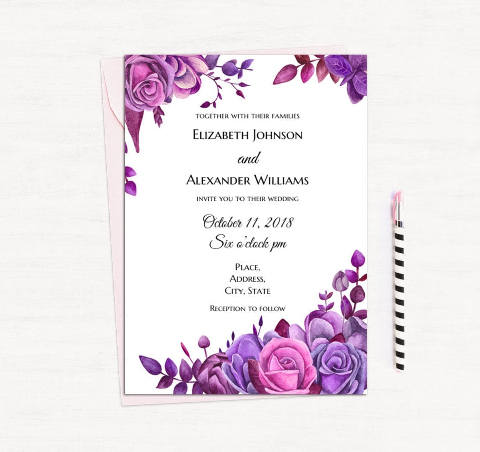 Purple roses invitation template Floral wedding invitation