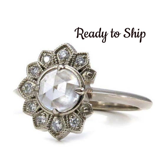 Ready to Ship Size 6 - 8 White Topaz Eclipse Engagement Ring with White Diamonds - 14k Palladium White Gold
