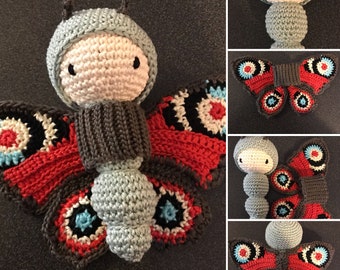 Crocheted caterpillar/butterfly with removeable wings