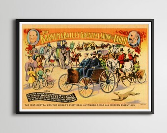 1907 Barnum & Bailey / Duryea Postcard POSTER! (24" x 36" or Smaller) - Circus - Ringling Bros. - Automobile - Antique - Vintage
