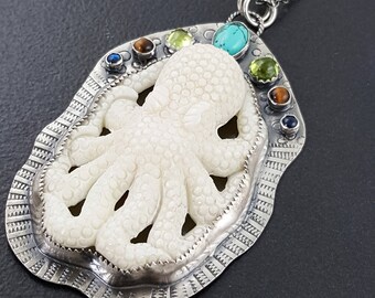 Octopus Necklace, carved bone necklace, turquoise necklace, sterling silver, michele grady, boho necklace, beach necklace, bohemian necklace