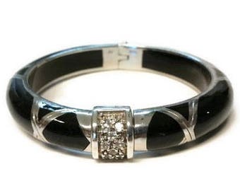 Modern Sterling Silver Black Enamel CZ Clamper Bangle Bracelet