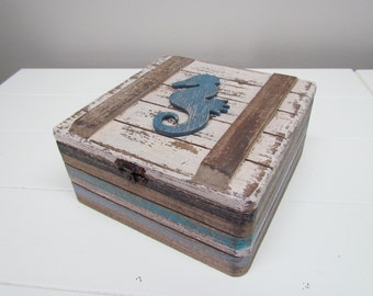 Wood Coastal Box with Seahorse