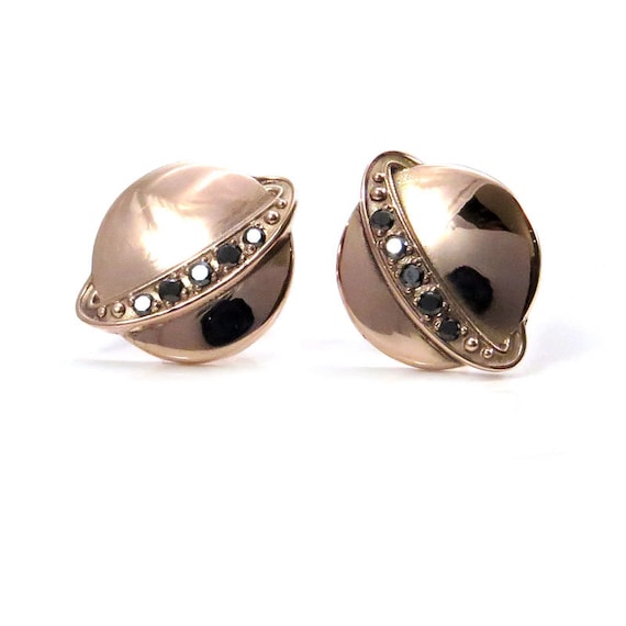 Rose Gold Saturn Post Earrings with Black Diamond Rings - Planet Galaxy Fine Jewelry - Ready to Ship