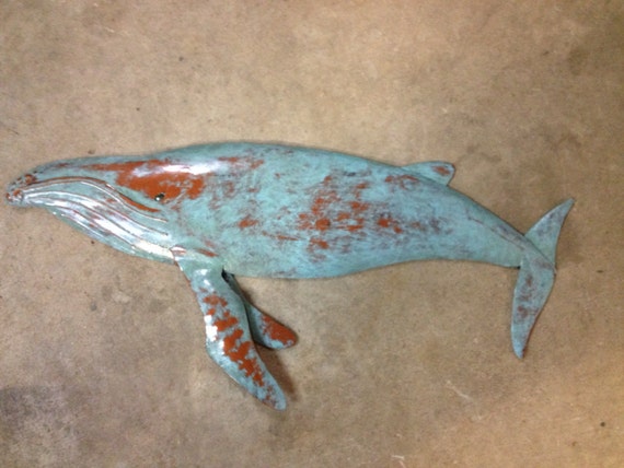 Humpback Whale Metal Wall Sculpture 30in long Tropical Coastal Beach Art Fish