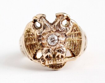 Scottish Rite Ring - 14k Rosy Yellow Gold Double Headed Eagle 32nd Degree Old Mine Cut Diamond Statement - Size 6 Masonic Fine Jewelry