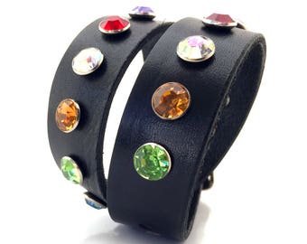 Black Leather Dog Collar with Jewel Tone Rhinestones, Size M, to fit a 14-17in Neck, Medium Dog, EcoFriendly, OOAK