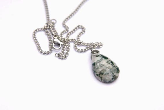 Moss Agate Pendant, Moss Agate Necklace, Stainless Steel Chain, Moss Agate Jewelry, Energy Healing, Crystal, Moss Agate stones, Reiki