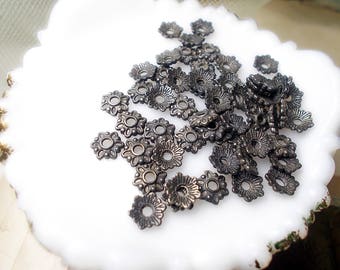 Rustic Oxidized Bead Caps - 12 Dark Patina Silver Tone Scalloped Disc Caps - 7mm - Age Worn Antique Aged Patina - Larger Hole - beautifly