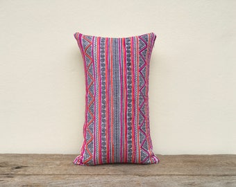 Vintage Cotton Tribal Hand Print Patch Work Pillow Case 12" x 20" Pieces Of Retro Tribal Costume