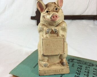 Vintage Hubley Cast Iron "The Wise Pig" Bank 1930's Iron Still Bank "Thrifty"