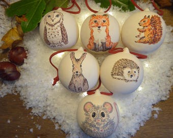Set of 6 hand painted ceramic woodland animal Christmas baubles