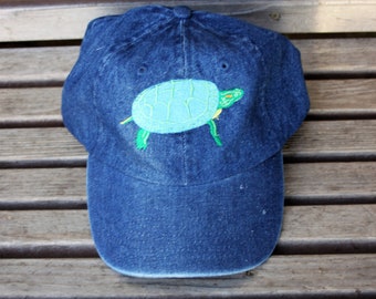 Turtle Embroidered on a Denim Baseball Hat Cap, Adjustable hat, adult
