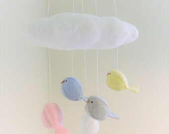 Baby mobile - pink, blue, yellow, grey and white birds under a white cloud - Pastel nursery decor