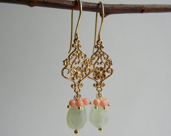 Prehnite and Coral Ayurvasita I Earrings