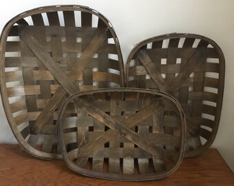 Tobacco Baskets / Set of 3 Dark Brown Woven Baskets / Farmhouse Decor