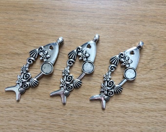 3 x Antique Silver Fish Pendants Cabochon Settings 61mm x 25mm