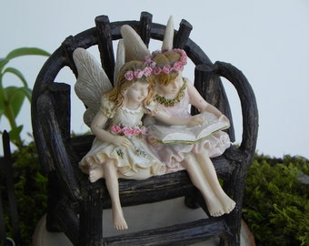 Fairy Garden accessories reading fairy sister friends - accessory- resin twig bench furniture