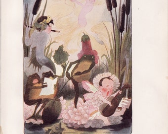 Antique Victorian Art Print-Book Plate-Lithograph-Fairies-Jolly Marsh Fairies-Frog Playing Instruments-Artist Penny Ross-1914