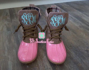 ON SALE Monogrammed Duck Boots PINK Personalized Duck Plaid Lined Boots for Women Snow Boots with Monogram