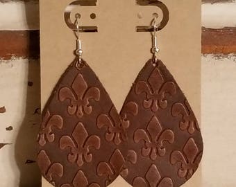 Leather Earrings, Leather Jewelry, Embossed, Fleur De Lis ,Natural, Brown, Statement Earrings, 100% Leather, Tear Drop, Lightweight