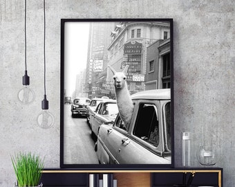 Black and White Llama in a taxi Alpaca print New York prints Retro Poster vintage Llama Poster Alpaca Decor Llama Wall Art