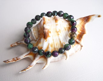 Ruby Zoisite Bracelet With Gold Plated Pewter Bead Made In Hawaii