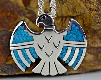 Sterling silver vintage design Thunderbird pendant w/ inlaid crushed Turquoise