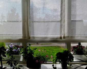 Bay windows Linen Curtains, Hemstitched Irish curtains, Drawn-work embroidery on Linen