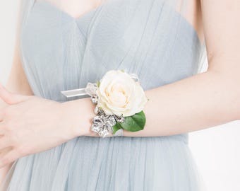 Wrist Corsage - Wedding Corsage - Wrist Corsage - Rose & Silver Flower Corsage, Ivory Corsage, Silk Flower Corsage - Prom Corsages
