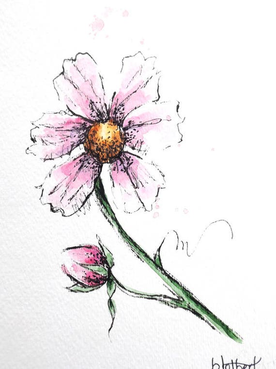 Pink Cosmos Flower Original Watercolor Art Painting Pen and