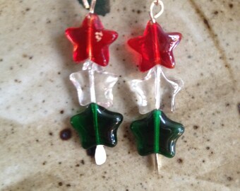 Red, green and clear star earrings, holiday earrings,
