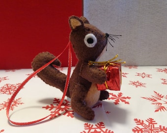 Brown Squirrel Holding Present Christmas Ornament by Pepperland