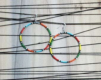 Masai Inspired Beaded Multi-Color Tribal Hoop Earrings