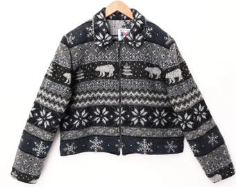 90's BEARS & SNOWFLAKES cropped jacket // gray wool blend flannel // boxy fit size L