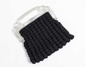 Vintage 30s Purse - Black Crochet Clear Celluloid Carved Handle Deco Clutch Bag - 1930s