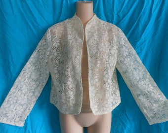 VTG 60s 70s L Cream Ivory Floral Sheer Lace Crop Cropped Bolero Shrug Top Jacket Cardigan Rockabilly Pin-up 50s Retro
