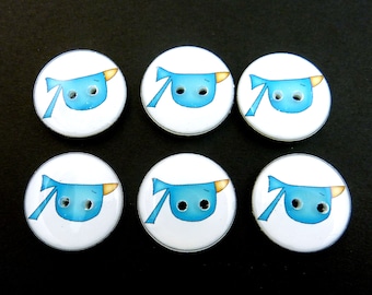 6 blue Bird Buttons. Primitive or Folk Art Bird Buttons. 3/4" = 20 mm