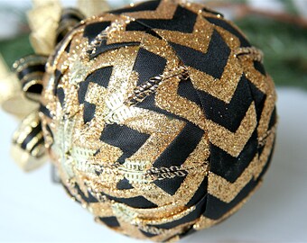 Quilted Ornament Ball-Black-Gold-Chevron-Midnight Chic