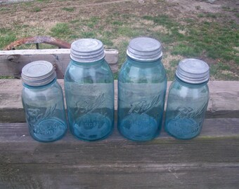 4 Vintage Aqua Blue Ball Perfect Mason Jars 2 Half Gallon Sized 2 Quart Sized with Zinc Lids