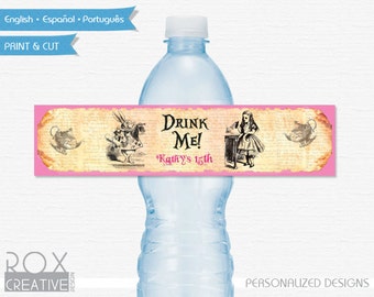 Alice in Wonderland Party Water Labels, Printable Labels, Digital – Customized